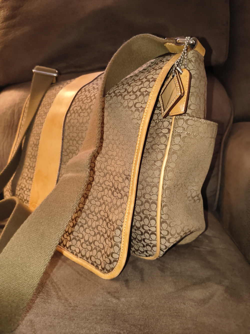 Coach Messenger Diaper Bag Signature Khaki and Yellow Canvas Crossbody Bag